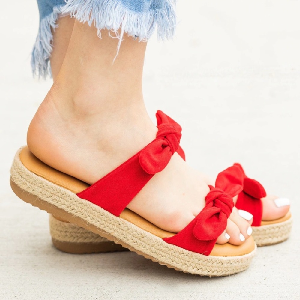 Bamboo Bow Tie Espadrille Flatform Slip-On Sandals Red Womens Size 8